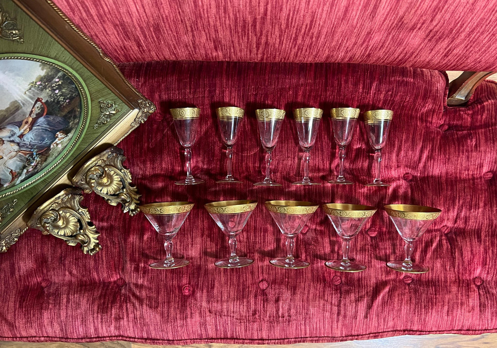Vintage Gold Rimmed Glassware Set Crystal Dessert Plates Barware Tumblers Wine Glasses Cocktail Goblets Elegant Hollywood Regency Style