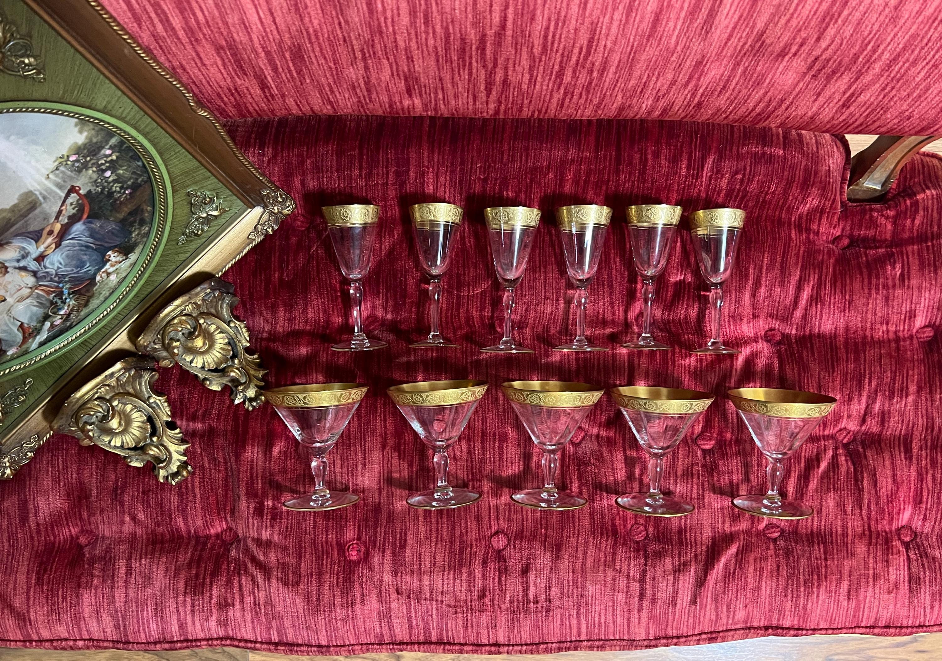 Vintage Gold Rimmed Glassware Set Crystal Dessert Plates Barware Tumblers Wine Glasses Cocktail Goblets Elegant Hollywood Regency Style