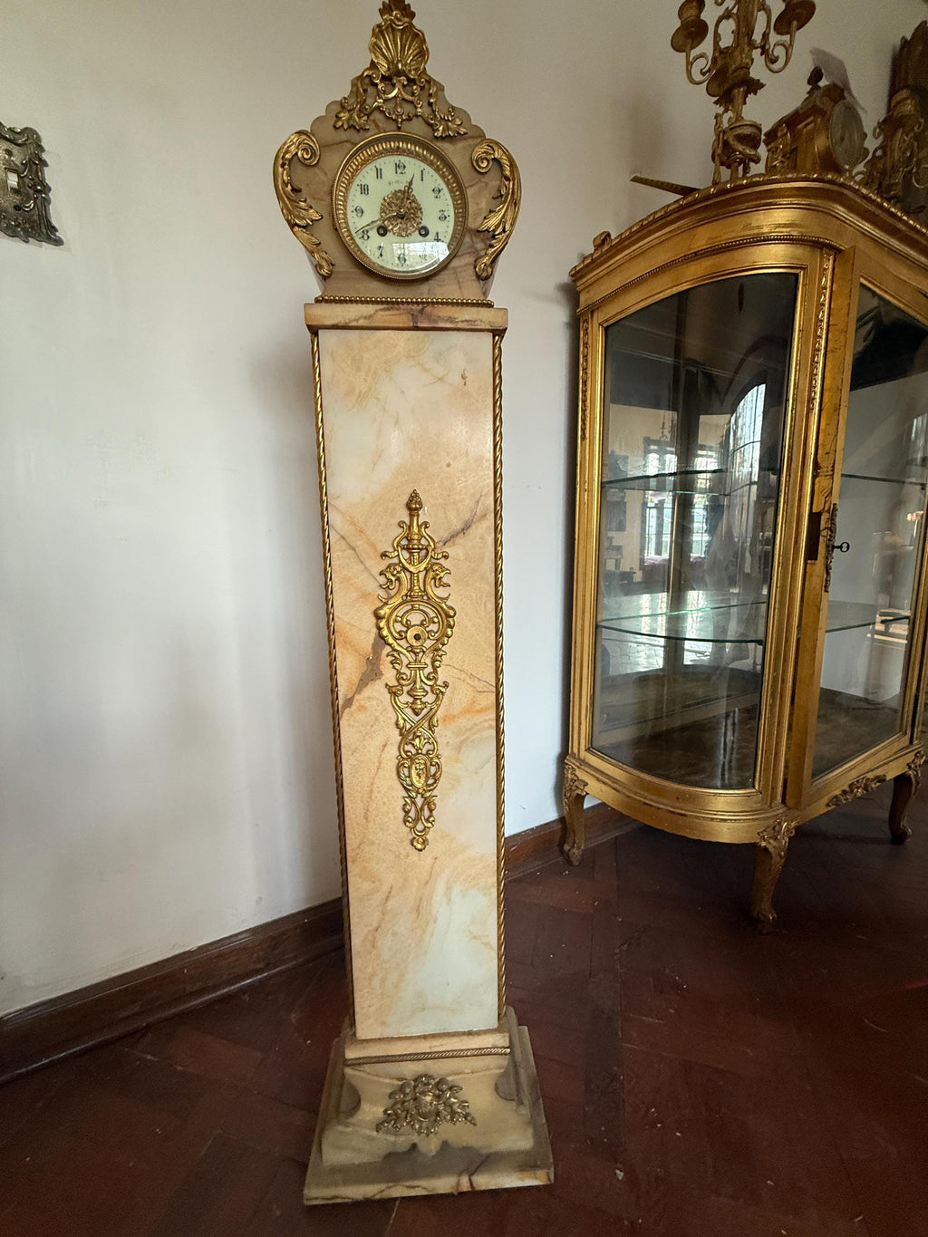 Antique Neoclassical Marble Gilded Details Grandfather Tall Standing Floor Clock Luxurious Home Decoration Clock Collectible Italian Clock
