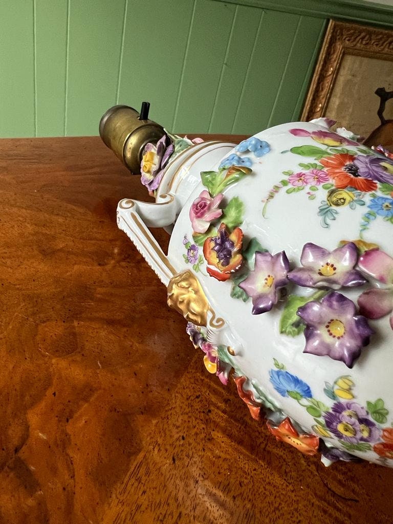 Pair of Vintage Rococo Porcelain Table Lamps Floral Relief Pastoral Scene Hand Painted Gilt Accents Romantic French Style Home Decoration