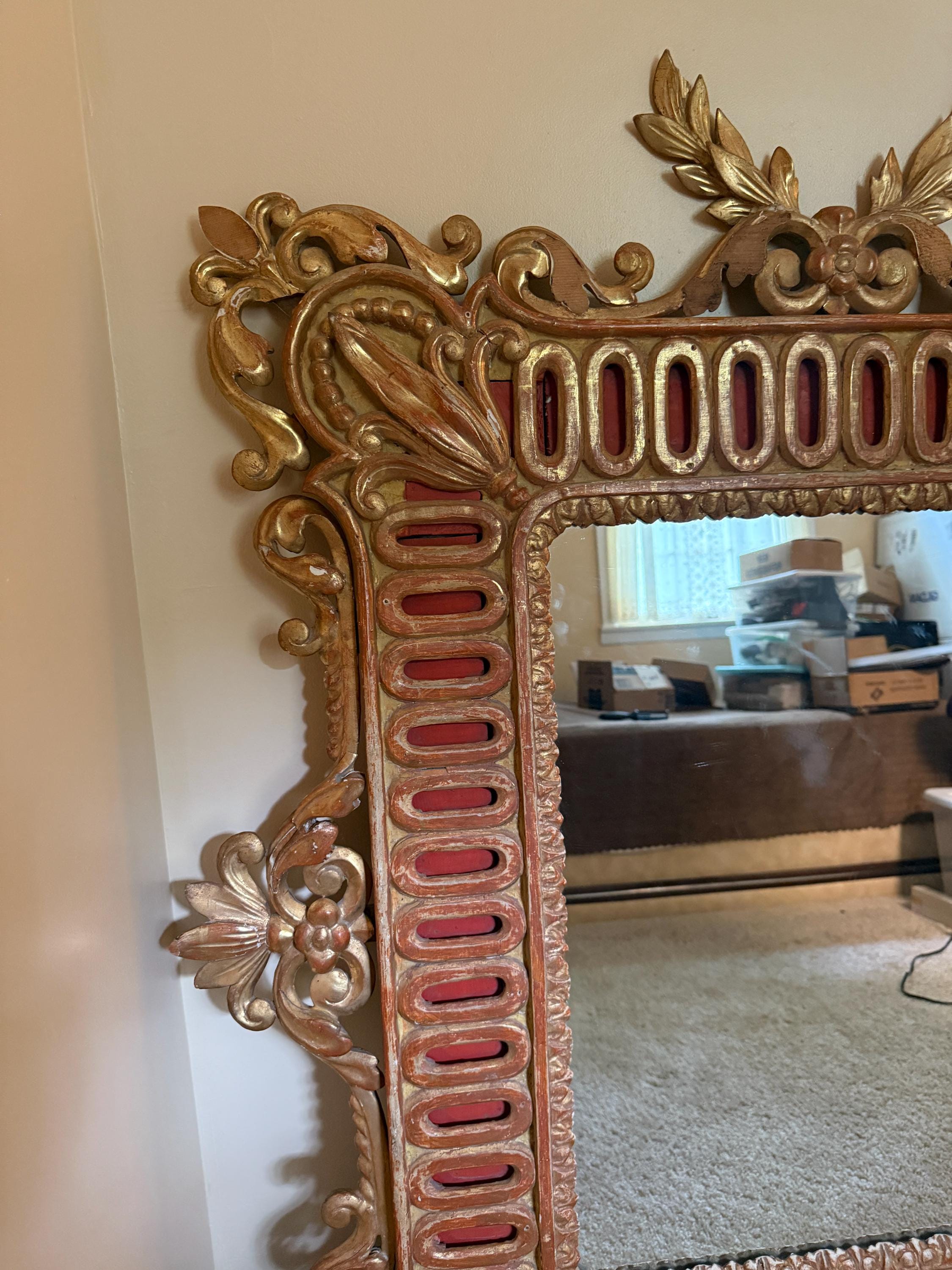 Old Vintage 1940s Baroque Style Gilt Mirror Ornate Gold Frame Luxurious French Wall Mirror Rococo Gold Carved Wood Large Decorative Mirror