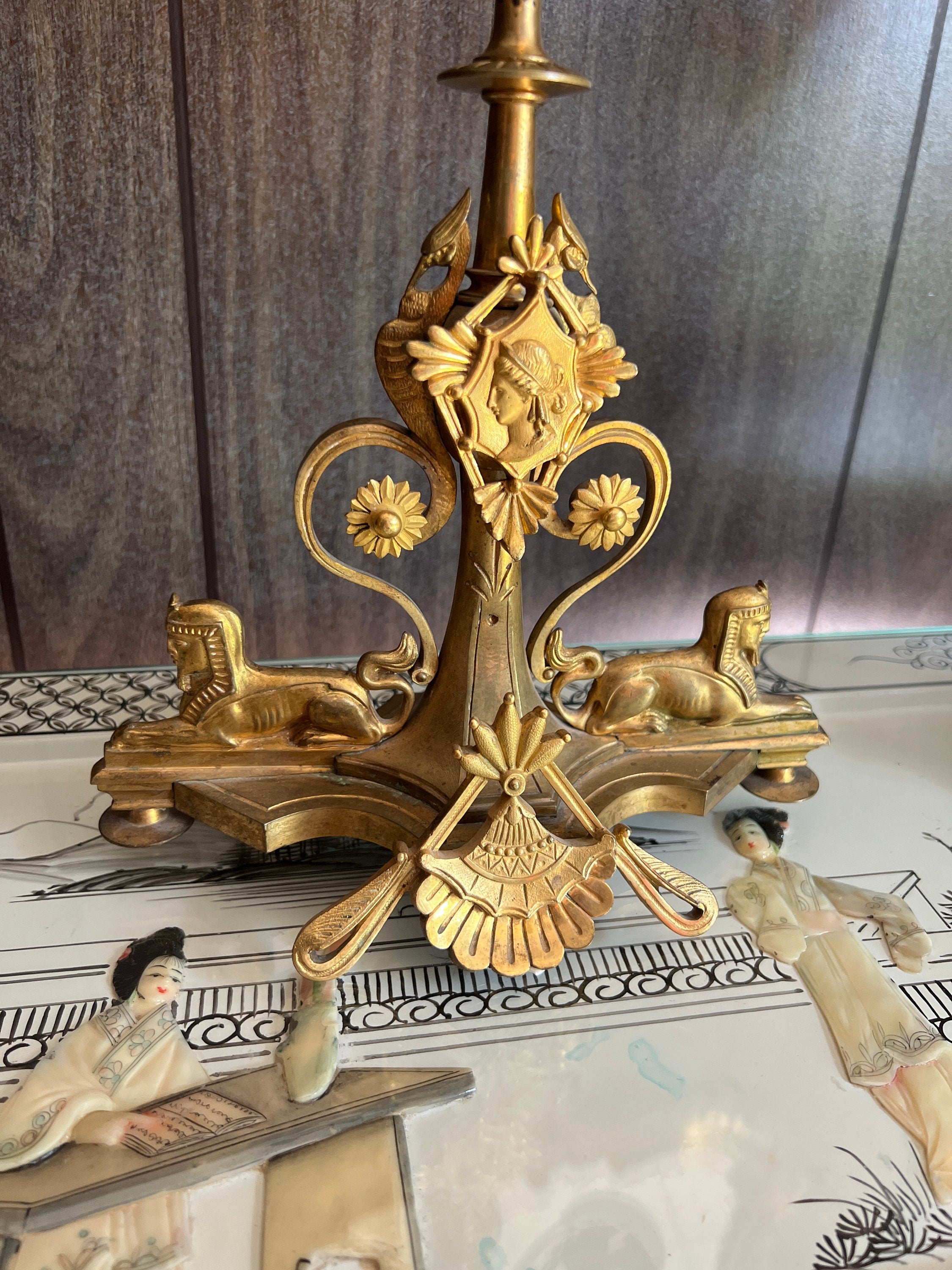Pair of Empire 5 Light Brass Gold Black Candelabra Unique Sphinx Design Candlesticks Candleholer