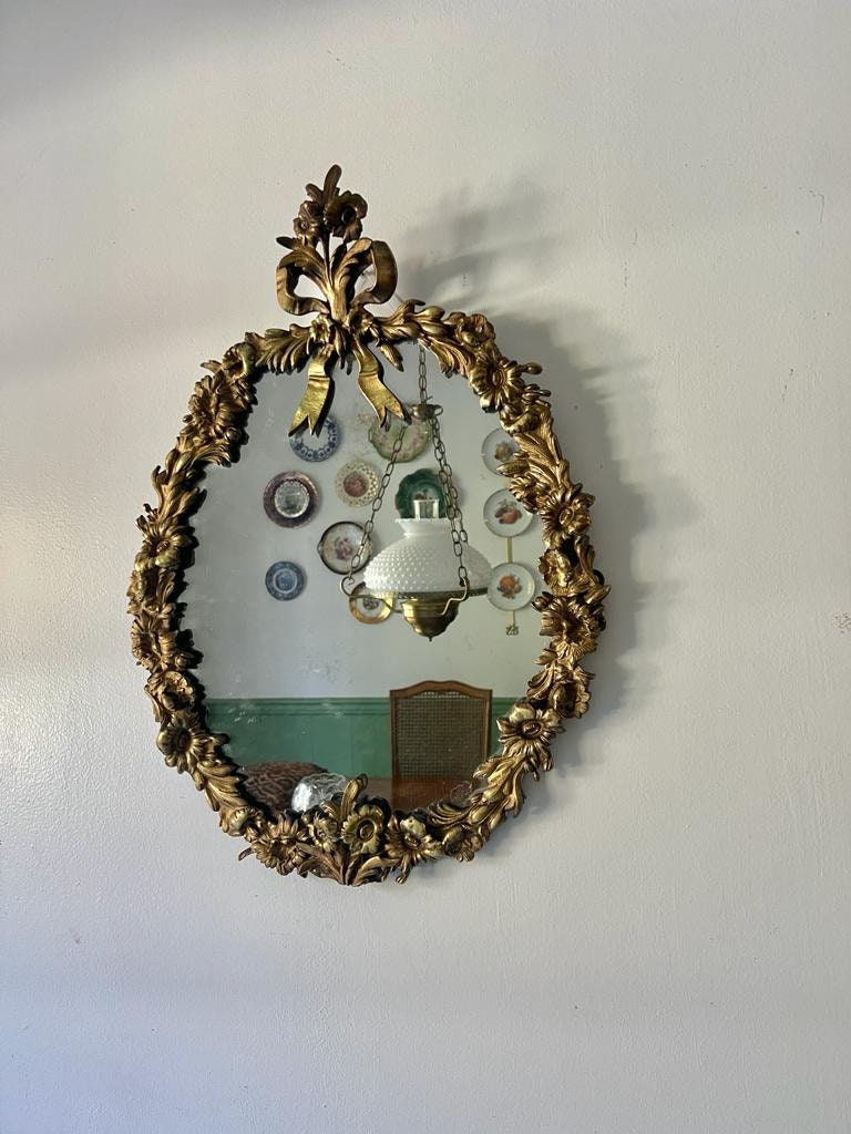 Antique French Rococo Oval Mirror Gilt Floral Frame Ribbon Crest Gold Wall Decoration Statement Piece Baroque Style Accent Home Design