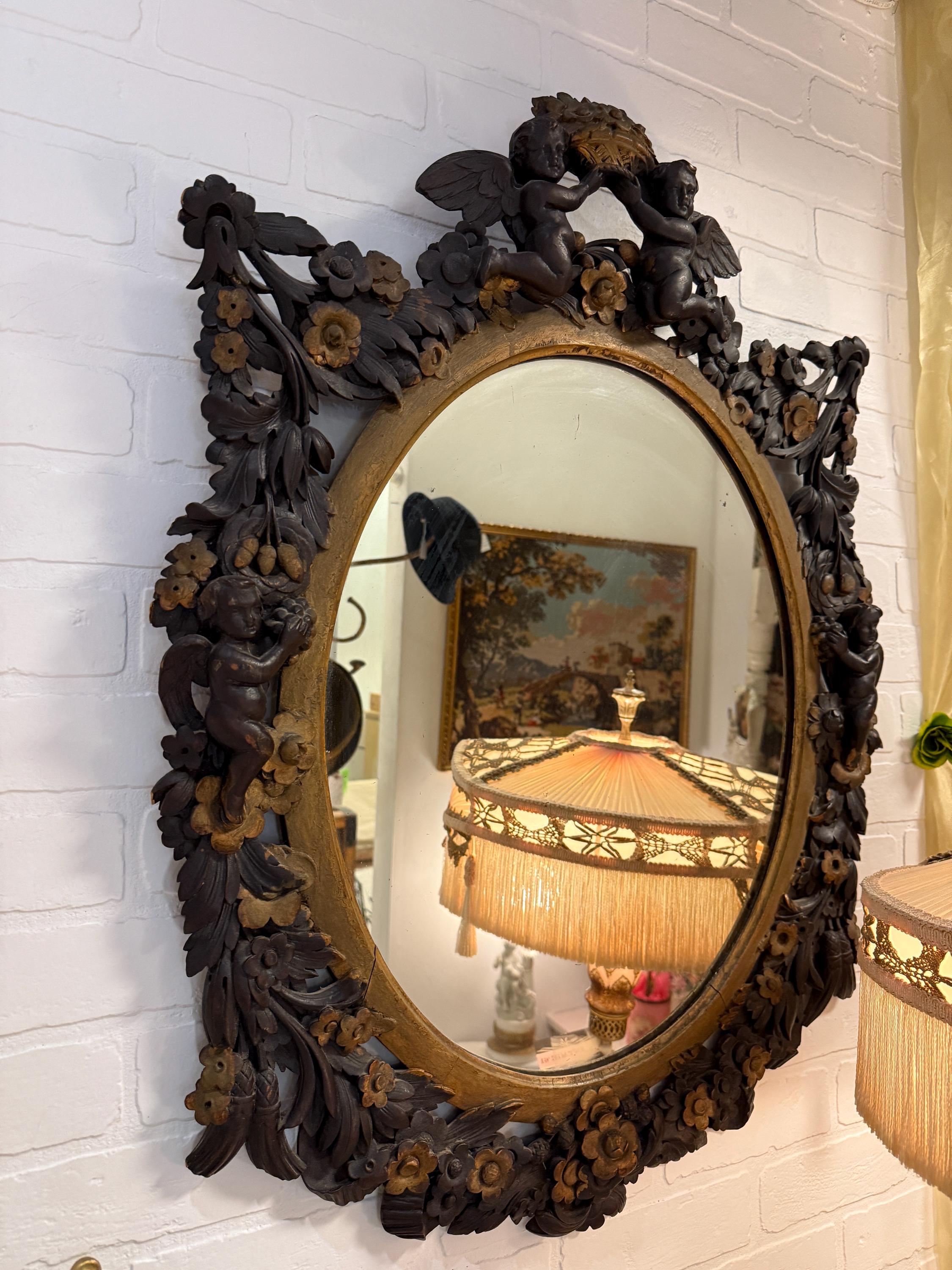 Antique Victorian Oval Mirror Hand-Carved Cherubs & Floral Motifs Dark Wood Gilt Frame Baroque Style  French Home Decoration Wall Mirror