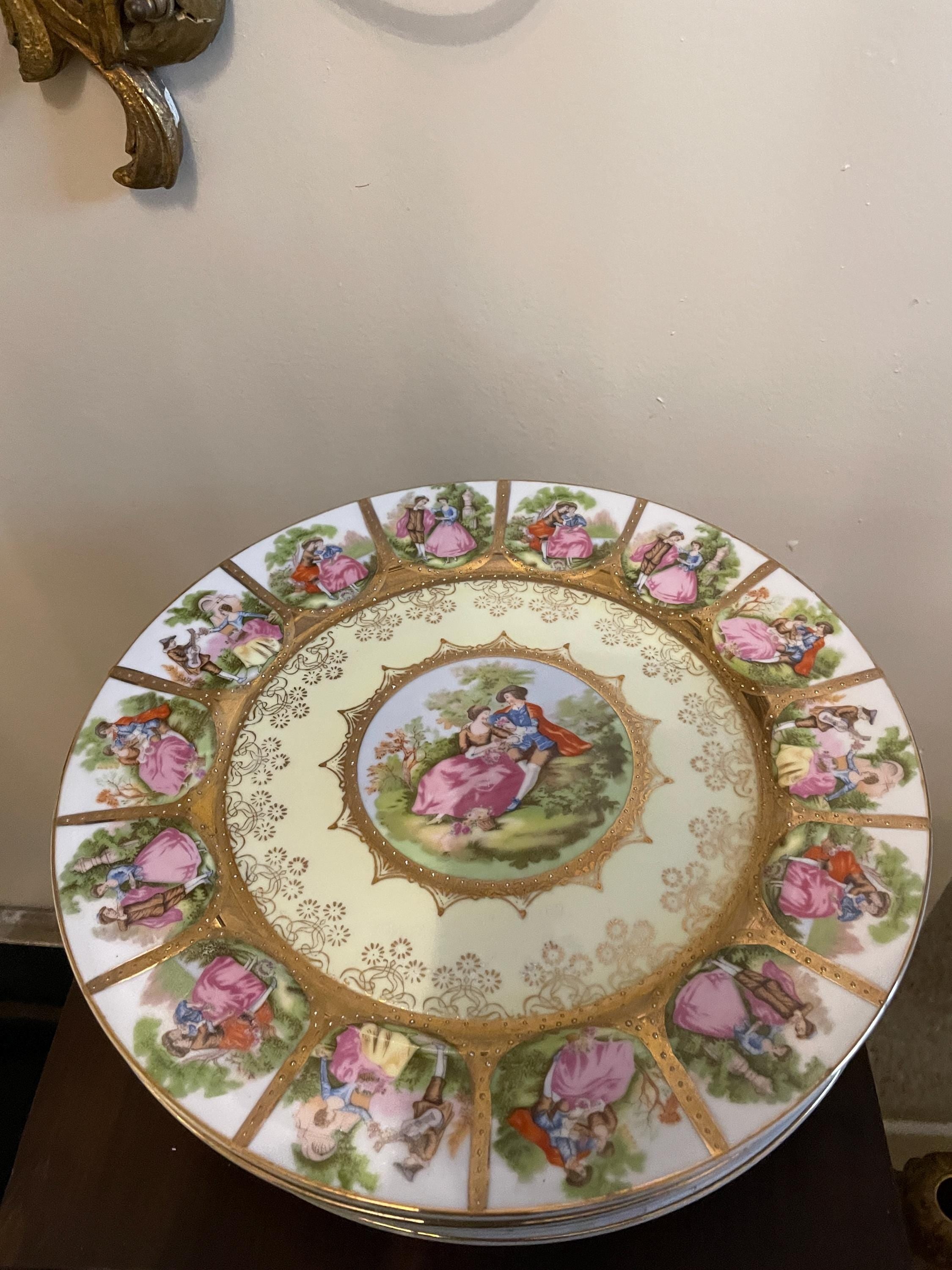 Vintage Set of 8 Love Story Porcelain Dinner Plates  Fragonard Courting Couple Gold Trim Porcelain Collectible Wall Art Elegant Home Accent