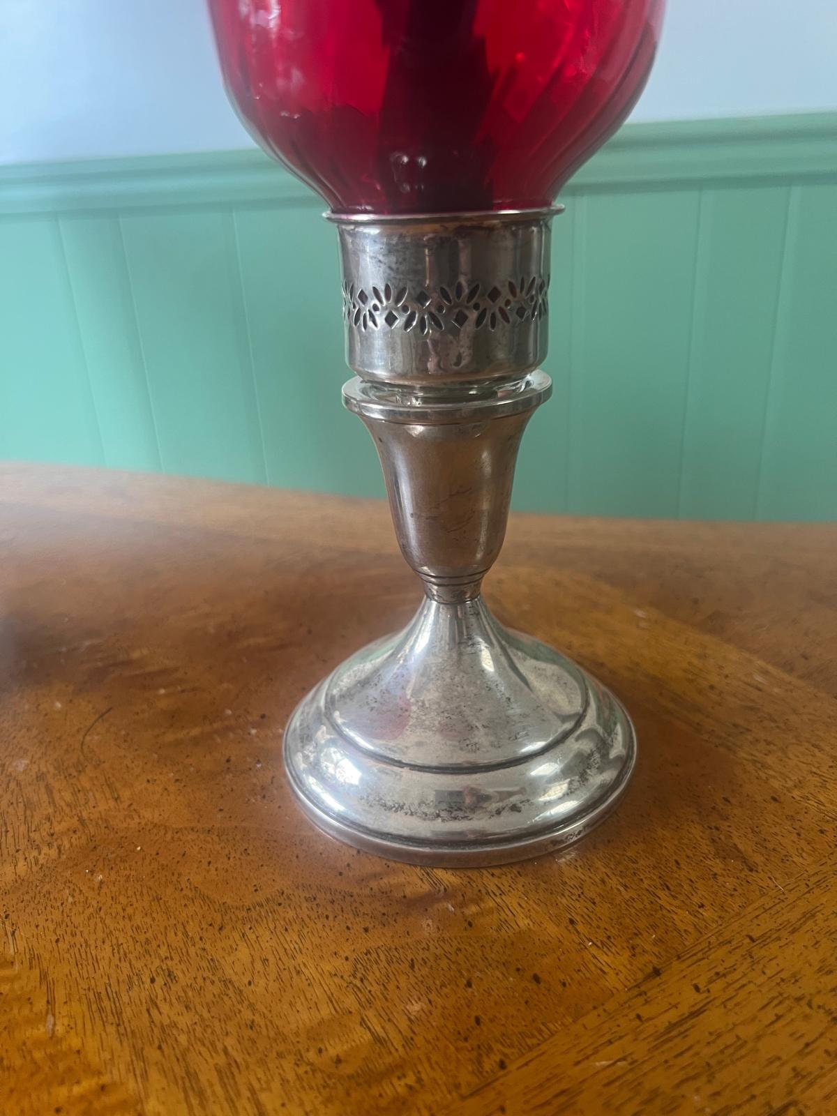 Vintage Ruby Red Glass Hurricane Candle Holders Silver Base Art Deco Home Decor Retro Lighting Hollywood Regency Table Centerpiece Decor
