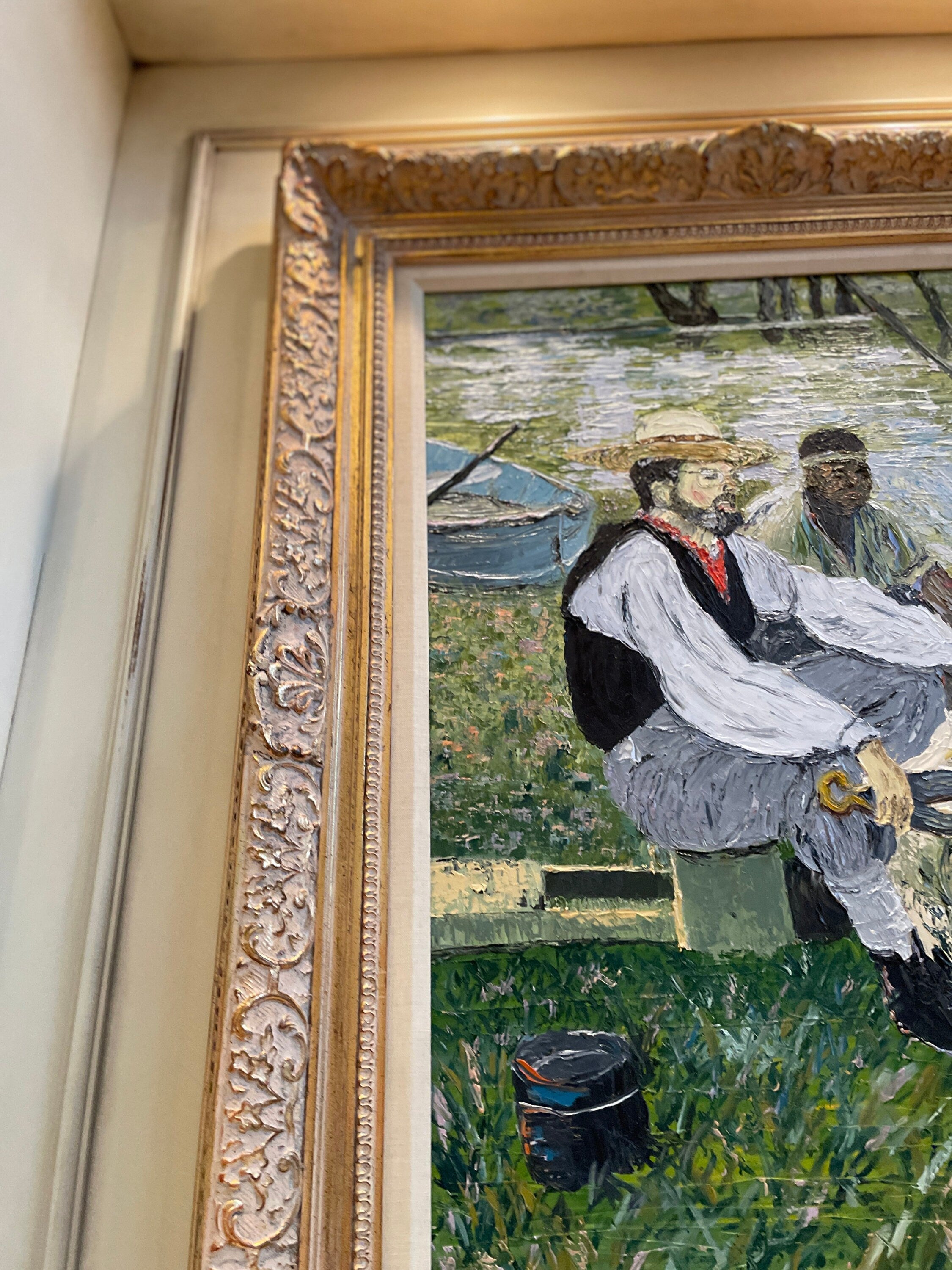 Framed Impressionist Oil Painting Pastoral Scene River Men Shearing Sheep Gilt Wood Frame Signed Wall Art Decoration Thick Brush Strokes