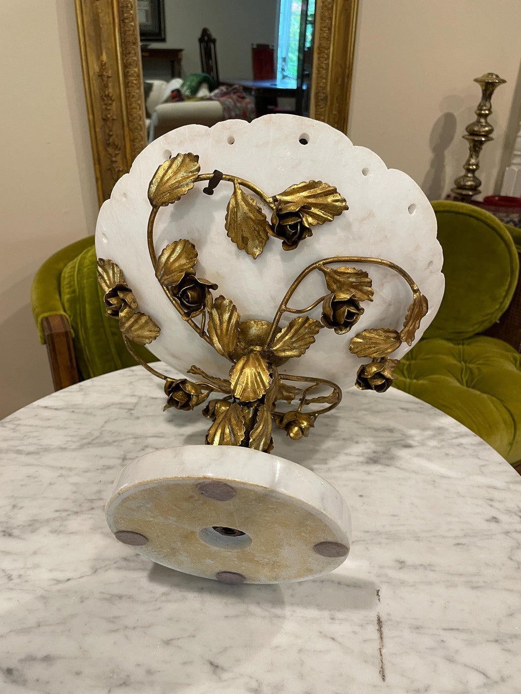 Antique White Marble Compote Centerpiece Pedestal Bowl Ornate Floral Gilt Brass Base French Victorian Table Decor Elegant Classic Accent