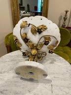 Antique White Marble Compote Centerpiece Pedestal Bowl Ornate Floral Gilt Brass Base French Victorian Table Decor Elegant Classic Accent