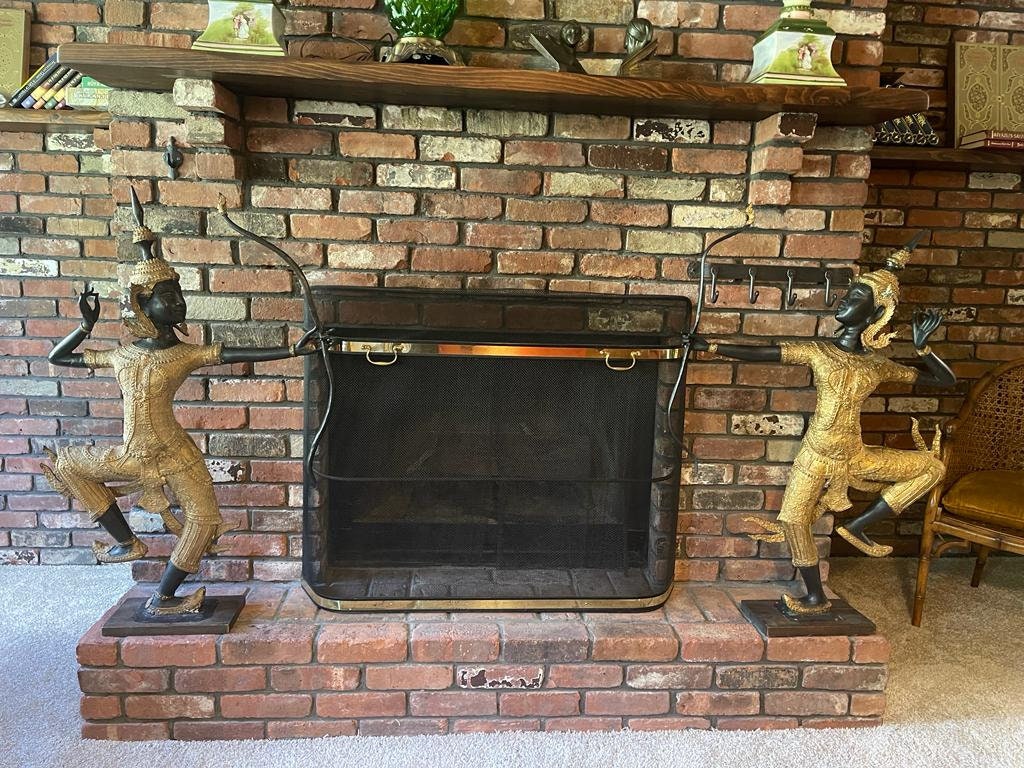 Thai Bronze Archer Dancer Statues Pair Large Gilt Temple Sculpture Guardian Figures Vintage Asian Decor  Art Statement Luxurious Home Accent