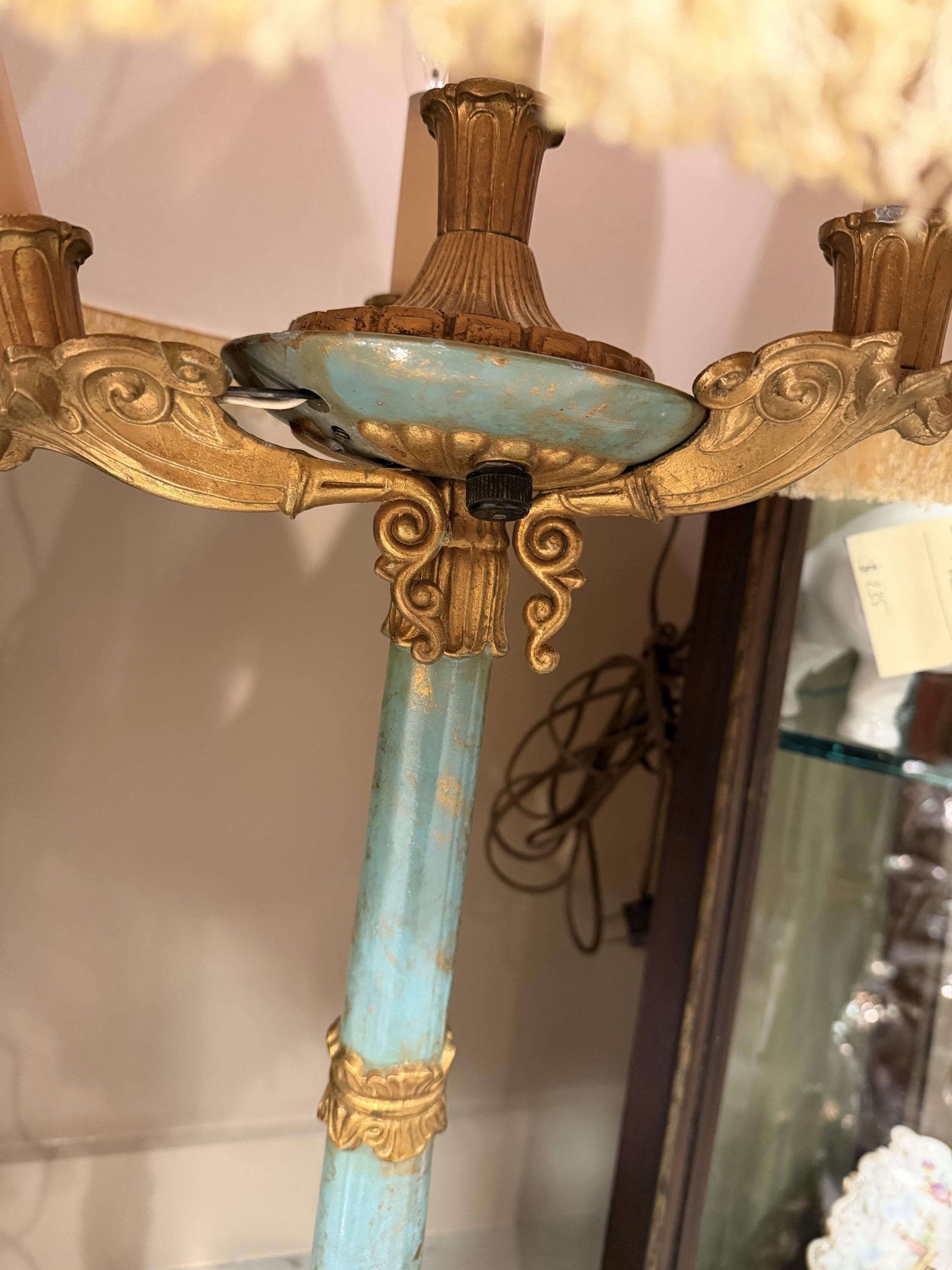 Vintage Florentine Style Table Lamp, Turquoise Blue & Gold Gilt Lamp, Fringe Shade Accent Lighting