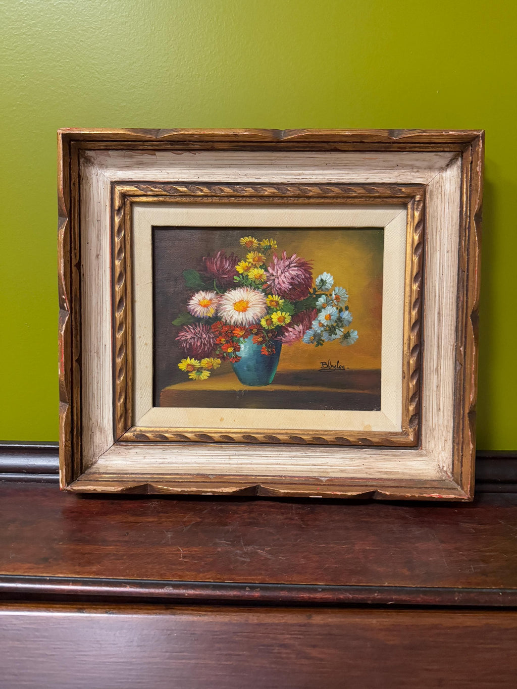 Vintage Floral Still Life Oil Painting in Ornate Wood Frame, Hand-Painted Chrysanthemums in Blue Vase, Farmhouse Wall Art Signed