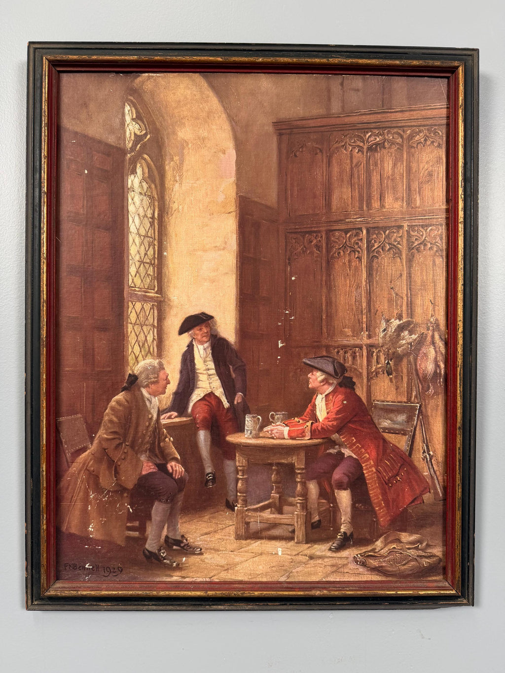 1929 Signed British Genre Old Print – Georgian Tavern Interior Scene, Early 20th Century Historical Revival Artwork