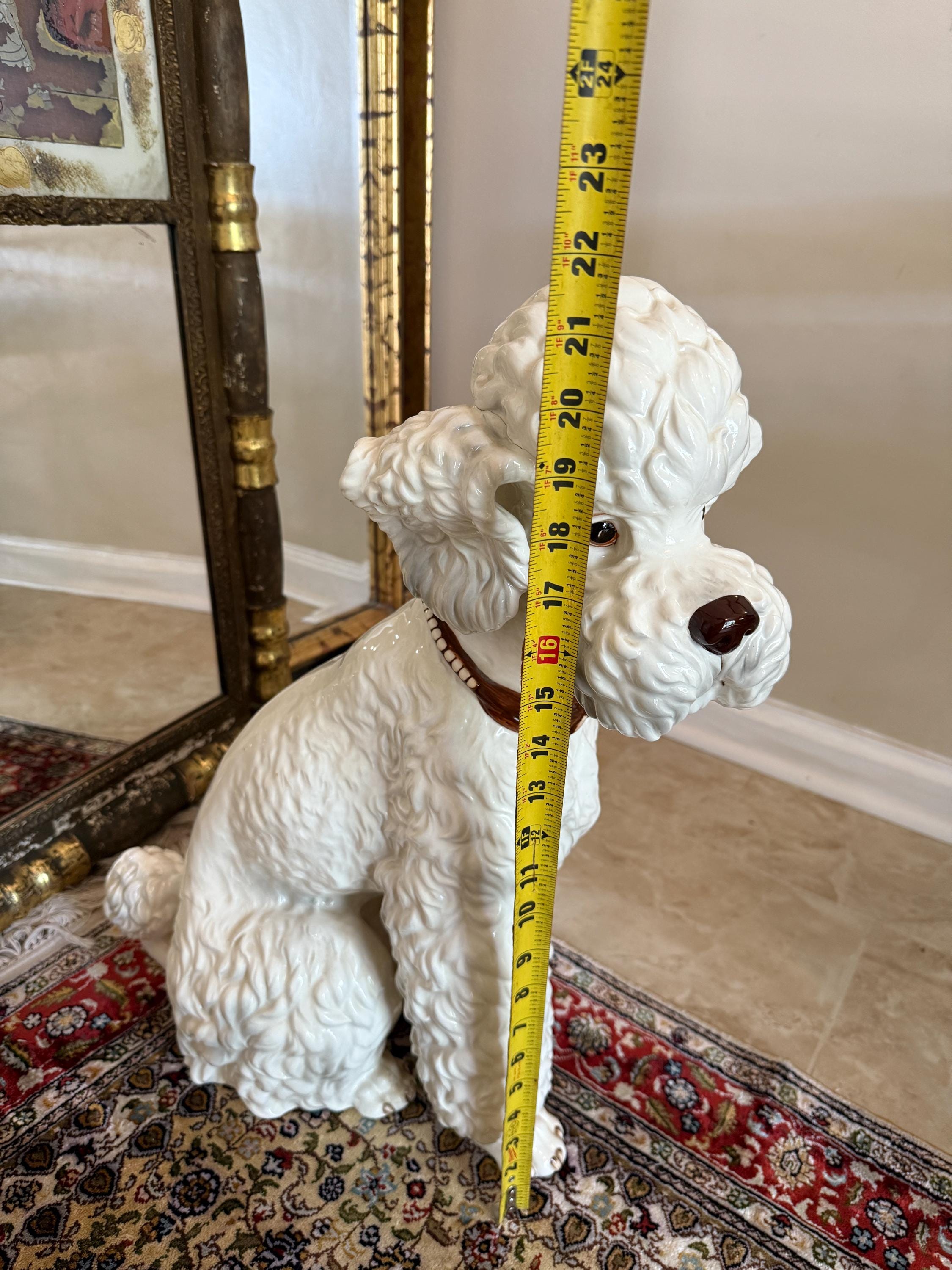Vintage White Dog Statue Mid Century Hand Painted Ceramic J Schwart Signed Porcelain Poodle Dog Ceramic Statue with Brown Collar DFigurine