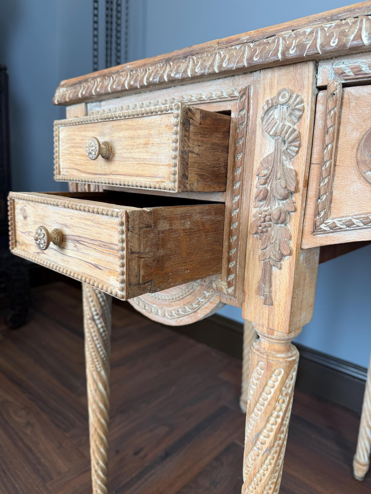Vintage French Neoclassical Desk, Antiqued Mirrored Top, Carved Ribbon Detail, Fluted Legs
