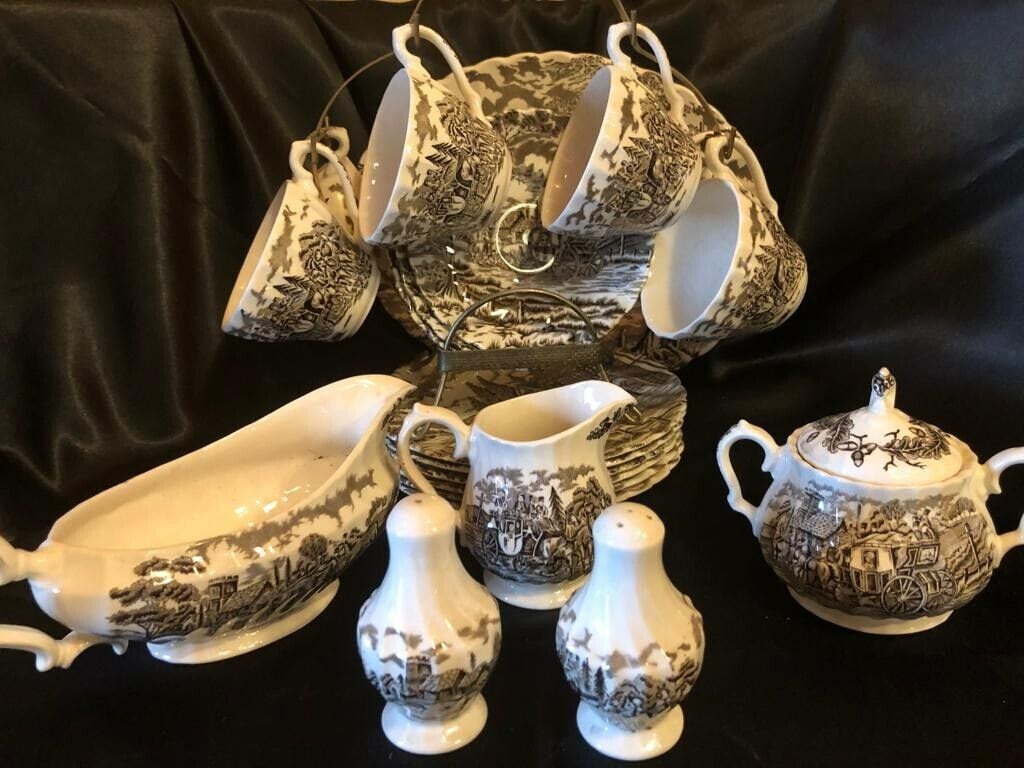Vintage Royal Mail Heritage Hall Staffordshire Transferware English China Dinnerware Tea Set Rare English Country Horse Carriage Scene