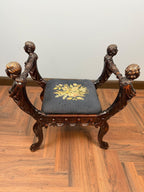 Antique Figural Carved Wood Bench Neo Classical Cherub Style Upholstered Seat Victorian Era Decorative Bench Tapestry