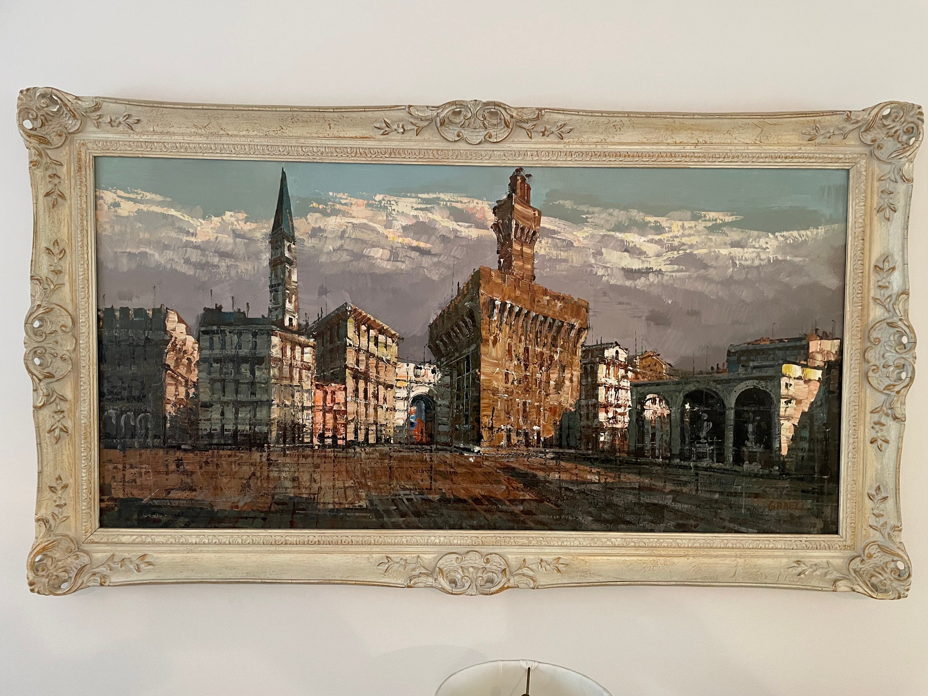 Original Oil Painting Cityscape by Gabell Framed Textured Artwork Antique Style Italian Architecture Large Wall Art Vintage Decoration Piece