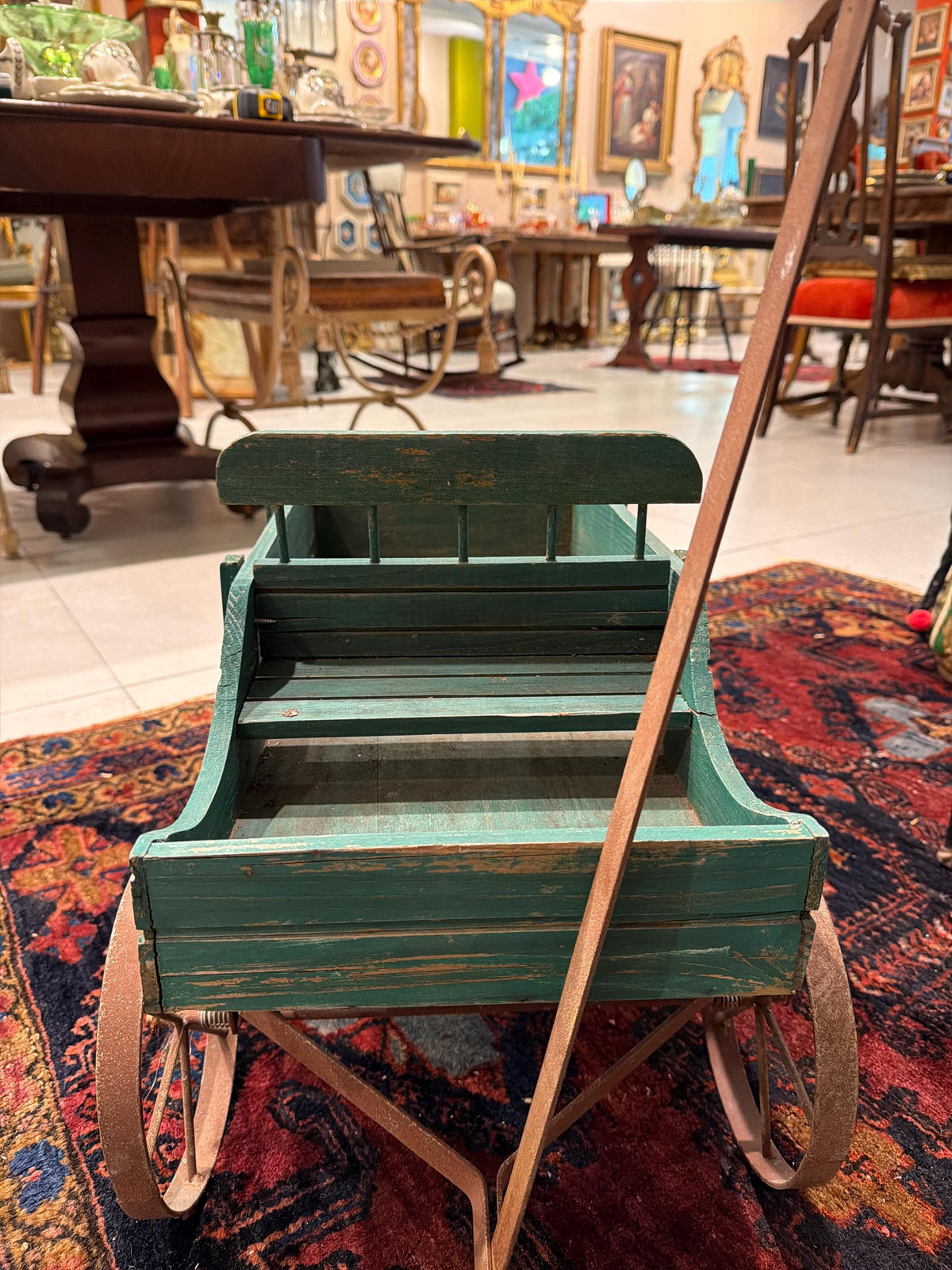 Antique Wooden Wagon Green Child Pull Wagon Primitive Farm Cart Rustic Farmhouse Decor Outdoor Planter