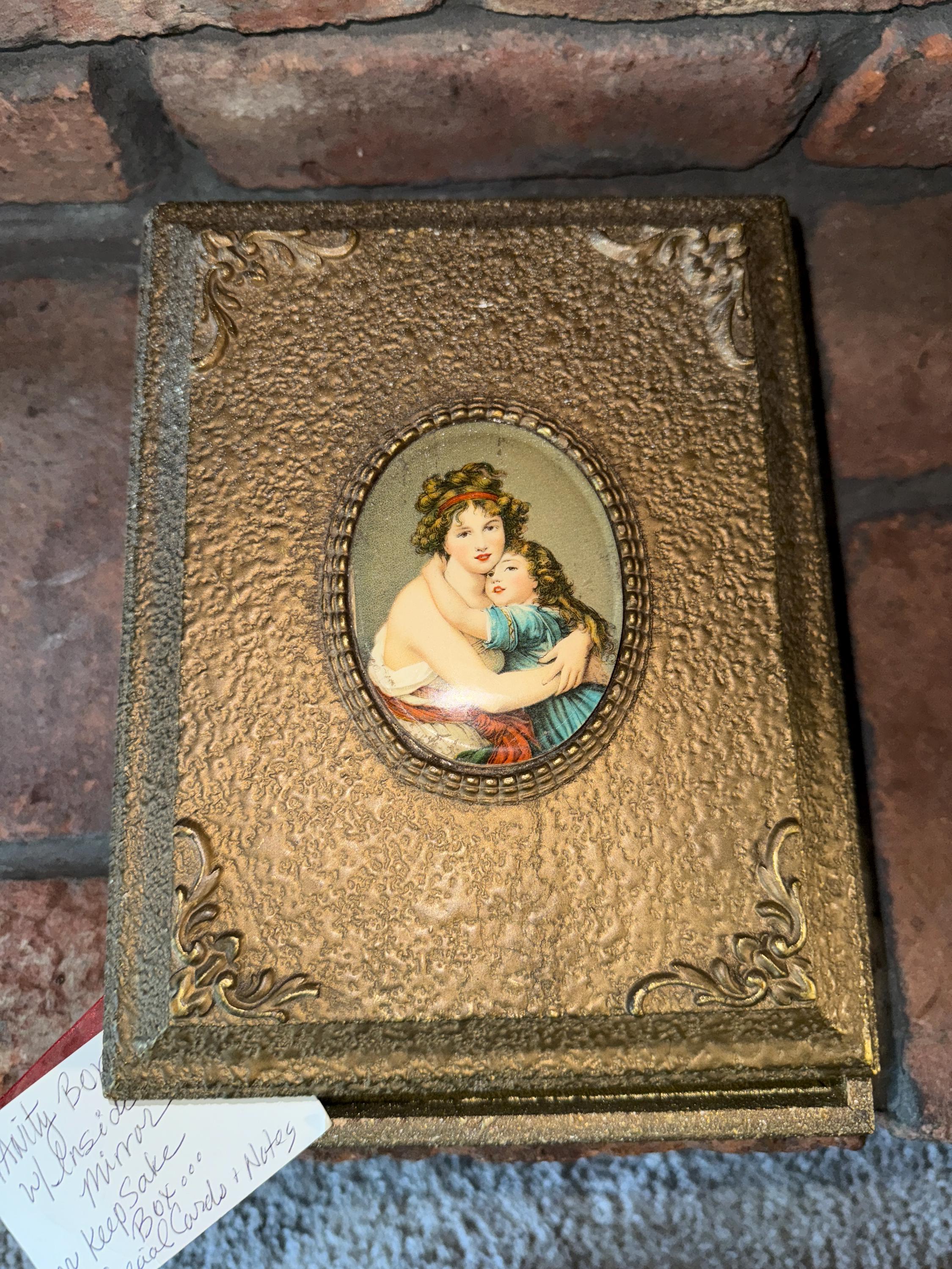 Vintage Gold Gilded Book-Shape Trinket Box  with mirror, Portrait Gold Gilded Trinket Box, Mother Child Portrait, Keepsake Jewelry Storage