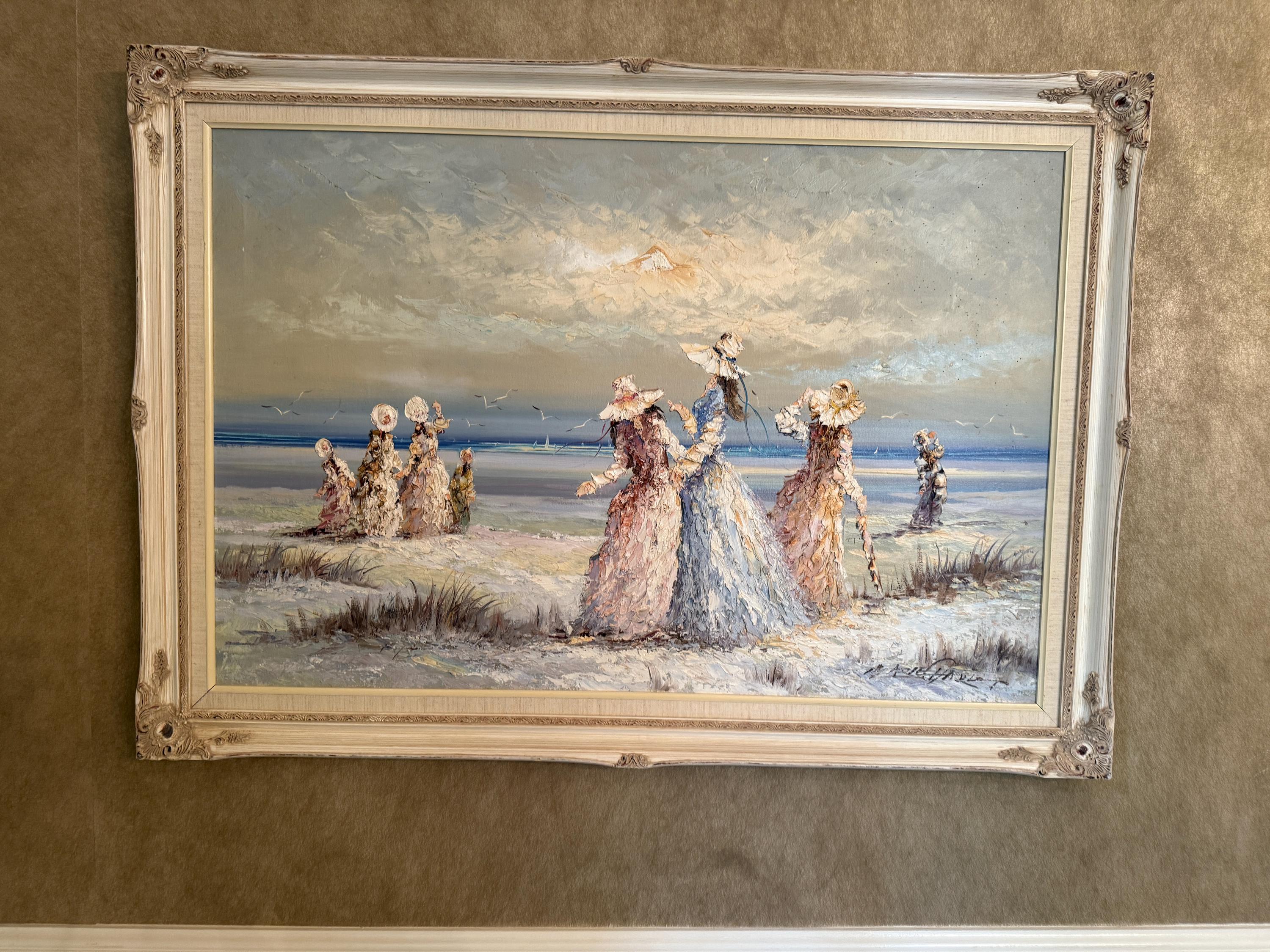 Women on the Beach Impressionist Oil Painting Mid‑Century Impressionist Women Pastel Portrait Seaside Oil Painting Victorian Lady Artwork