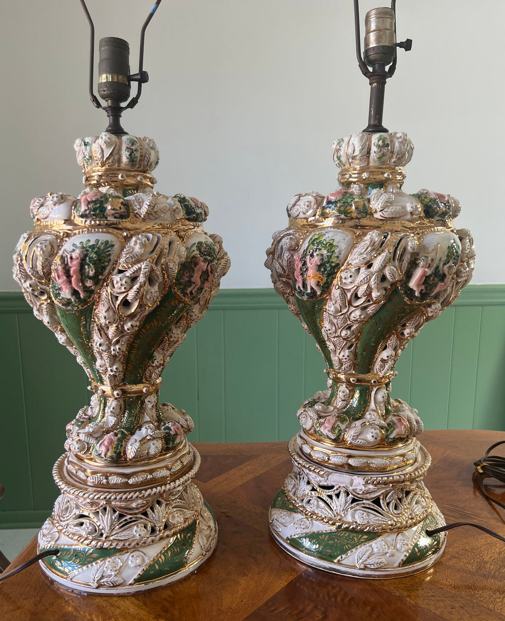 Pair Of Italian Baroque Style Cherub Porcelain Lamps Hand Painted Gilded Rococo Design Signed Brunocrafts Table Lighting Accent Decoration