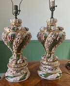 Pair Of Italian Baroque Style Cherub Porcelain Lamps Hand Painted Gilded Rococo Design Signed Brunocrafts Table Lighting Accent Decoration