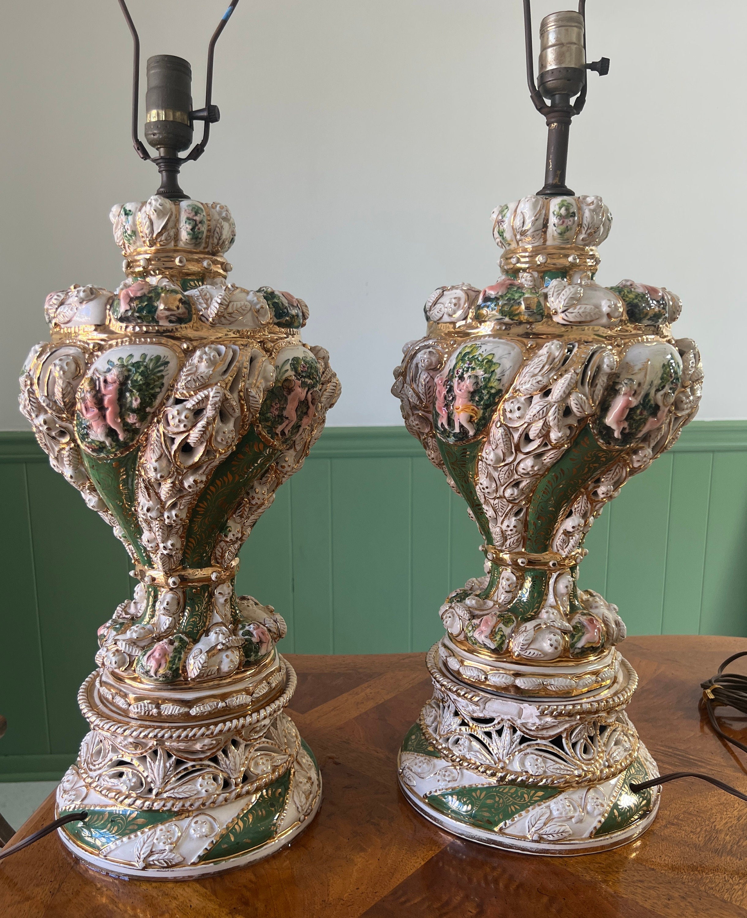 Pair Of Italian Baroque Style Cherub Porcelain Lamps Hand Painted Gilded Rococo Design Signed Brunocrafts Table Lighting Accent Decoration
