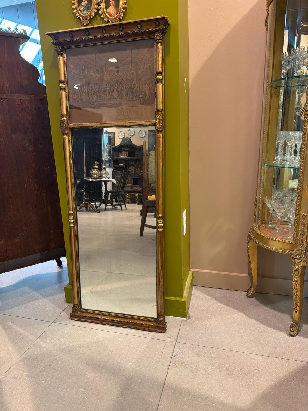Antique French Trumeau Mirror with Engraved Scene Panel, Gilt Wood Frame, 19th Century