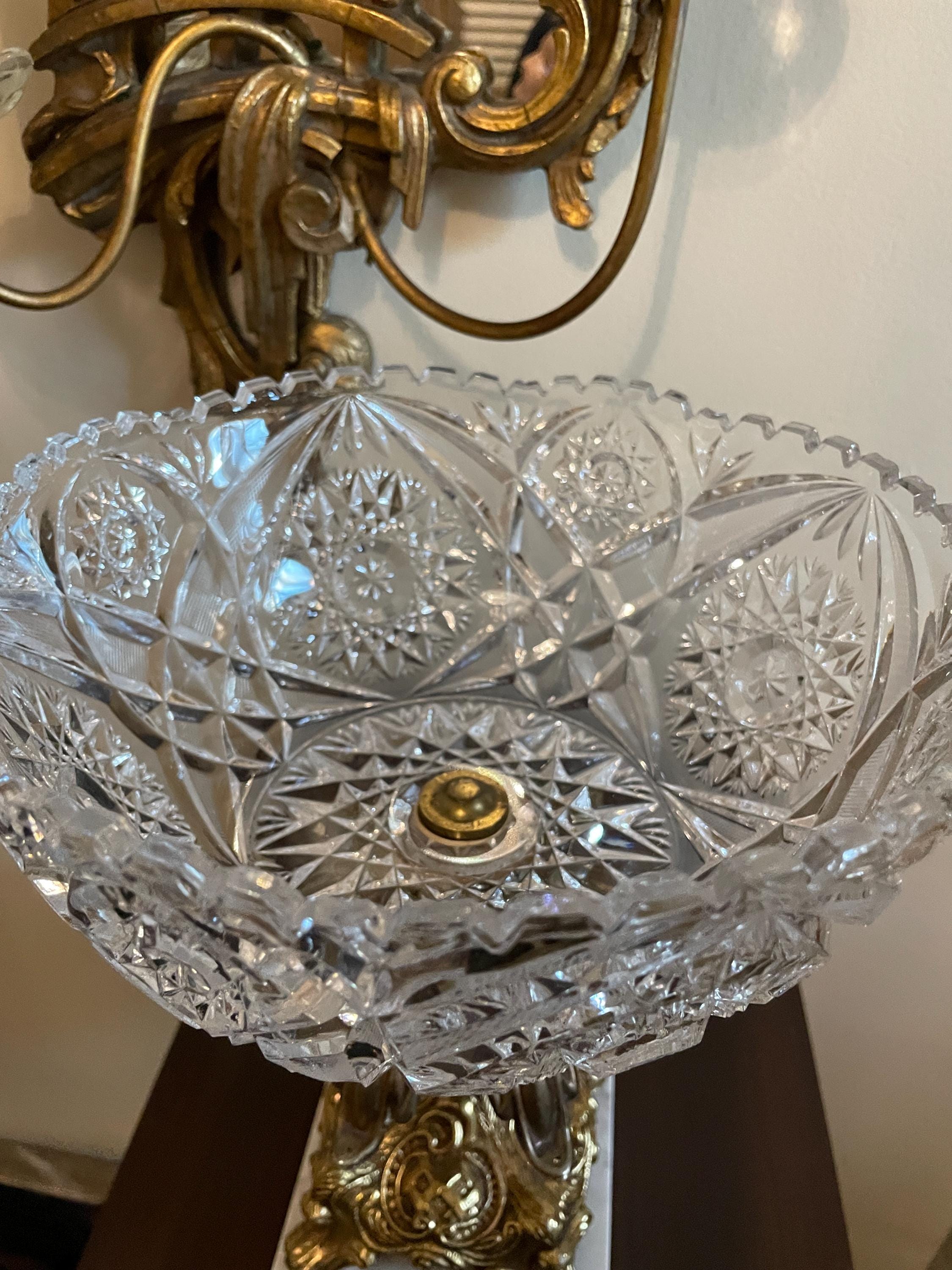 Vintage Crystal Cut Glass Bowl on Ornate Brass Marble Base Stunning Centerpiece Decorative Accent Classic Style Elegant Display Decoration