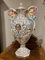 Hand Painted Italian Capodimonte Urn Rococo Cherub Nude Relief Mythological Decoration Baroque Porcelain Centerpiece Collectible Masterpiece