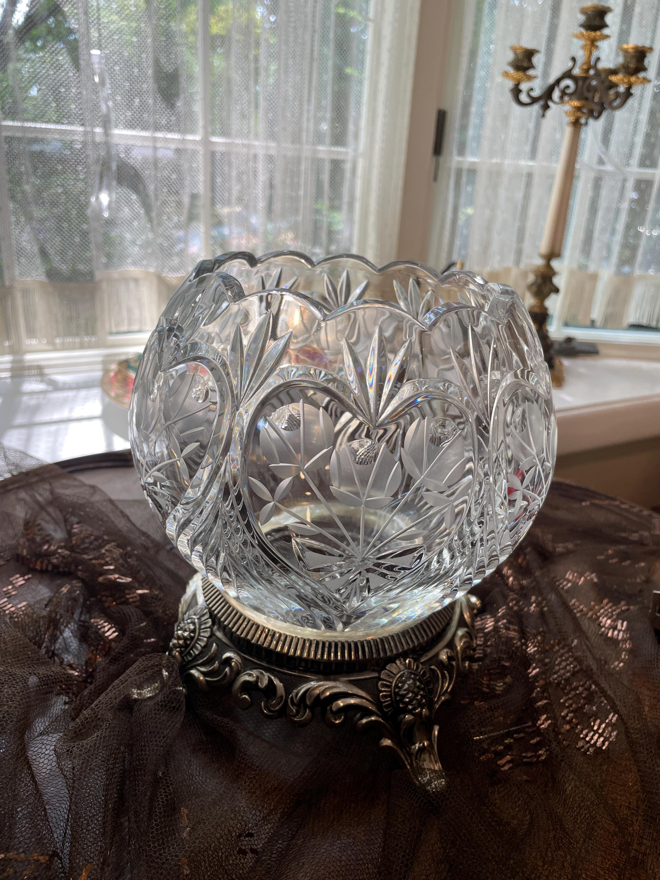Cut Crystal Bowl Ornate Footed Metal Base Vintage Decorative Centerpiece Elegant Clear Glass Display Collectible Home Decor Statement Piece