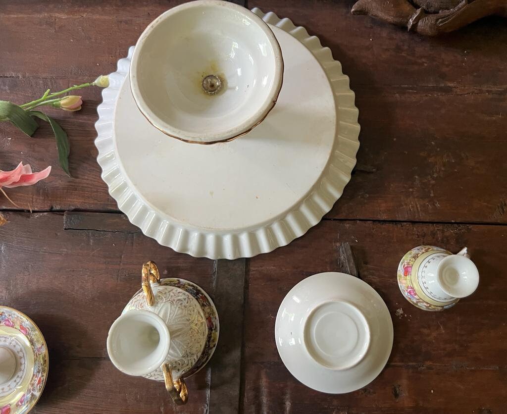 Vintage Set of 4 Fragonard Design Gold Gilded Porcelain Cake Stand  Cups Saucers  & Candy Dish
