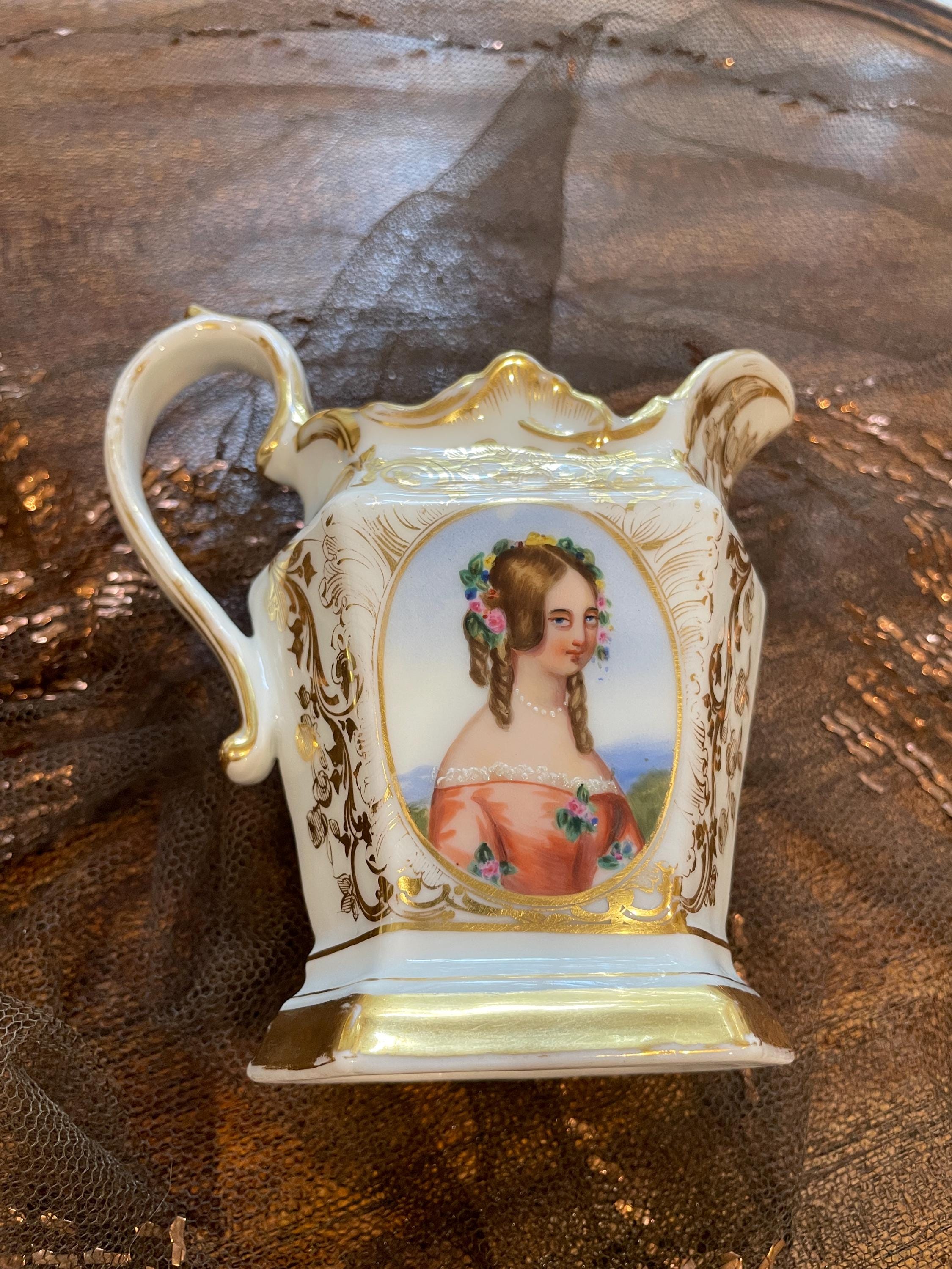 Very Old Paris Portrait Gold Gilt Porcelain Hand Painted Creamer Sugar Bowl Coffee Pot Victorian Ornate Gilded Serving Tray French Tea Set