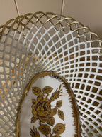 Vintage Porcelain Gold Hand Painted Italian Basket Tableware Serving Dish Fruit Dish Pedestal Bowl  with Gold Accent Vintage Centerpiece