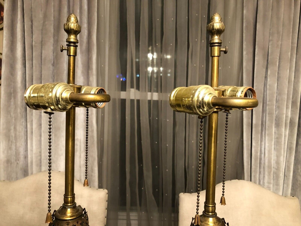 Pair Of Antique French Cobalt Blue Porcelain Table Lamps Hand Painted Floral Panels Ornate Brass Base Converted Electric Lighting Decor