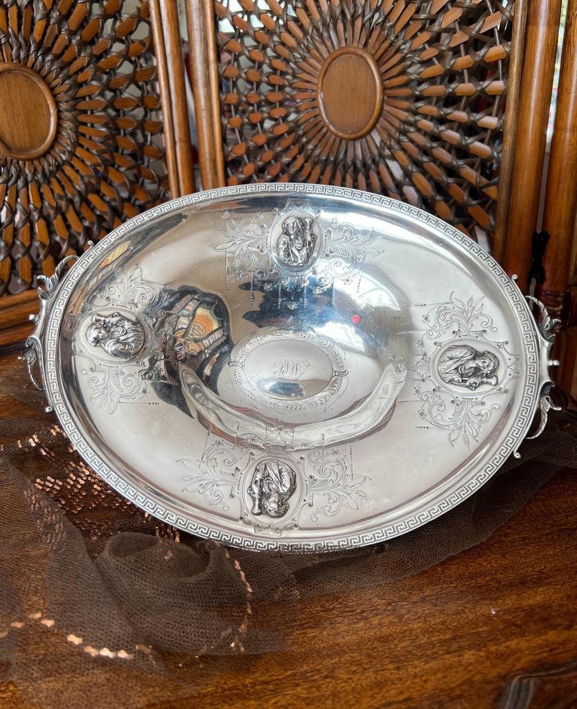 Antique Silverplate Footed Centerpiece Bowl Victorian Embossed Lion Head Decorative Dish Table Display Ornate Classical Revival Style