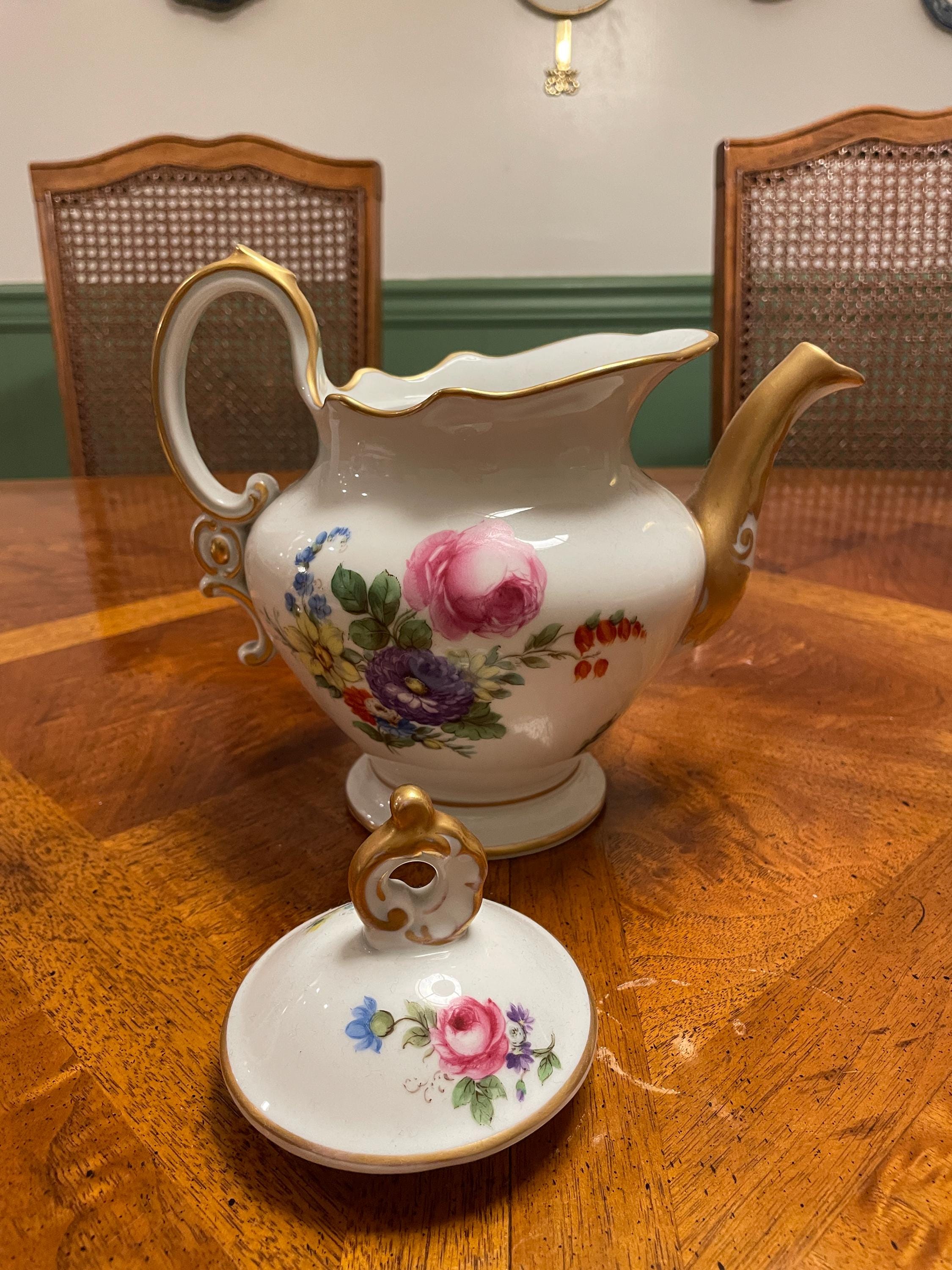 Rosenthal Selb Bavaria Rogalmhoe Floral Teapot Creamer Sugar Bowl Set Gold Trim Vintage German Porcelain Tableware Decoration Gift Idea