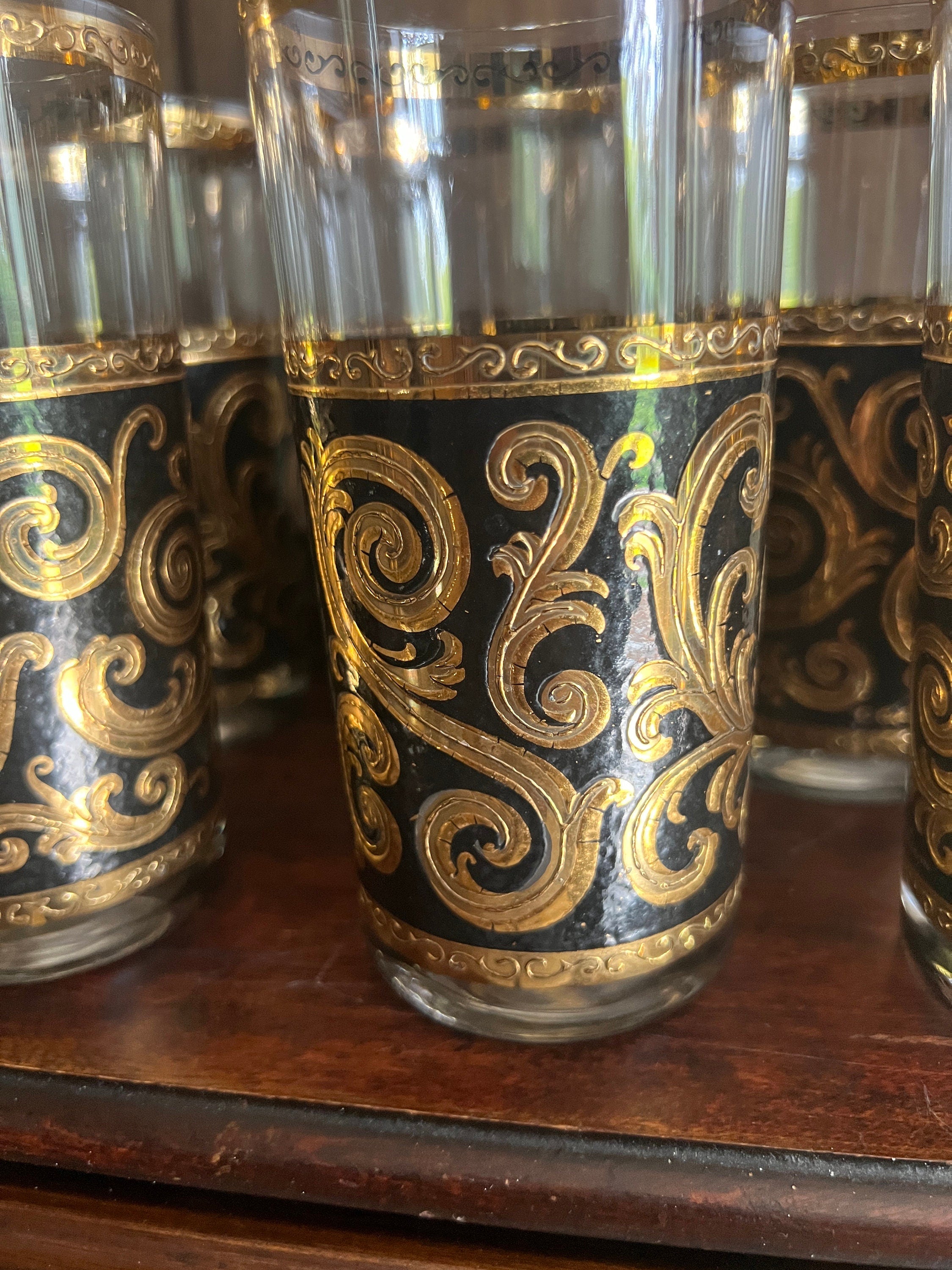 Set Of 9 Culver Black Gold Highball Glasses Vintage Barware Mid Century Hollywood Regency Elegant Scroll Design Cocktail Tumblers Decoration