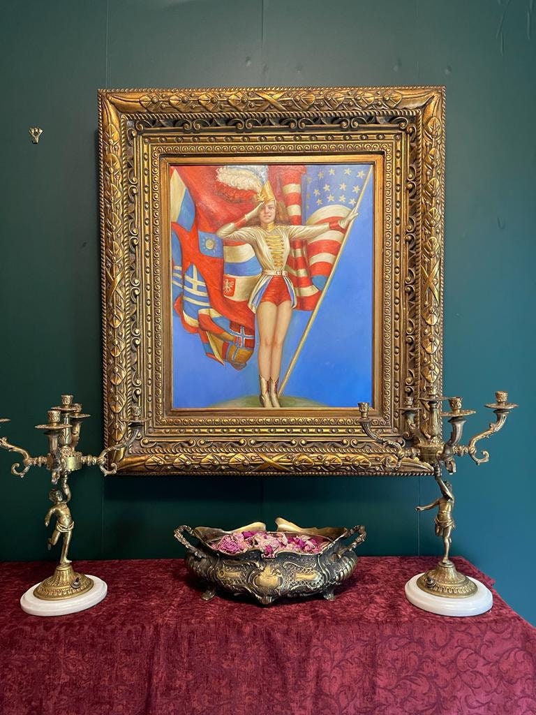 American Pin Up Girl Fourth of July Patriotic Drum Major Large Oil painting Ornate Wood Frame On Canvas American Flag Girl Painting Artwork