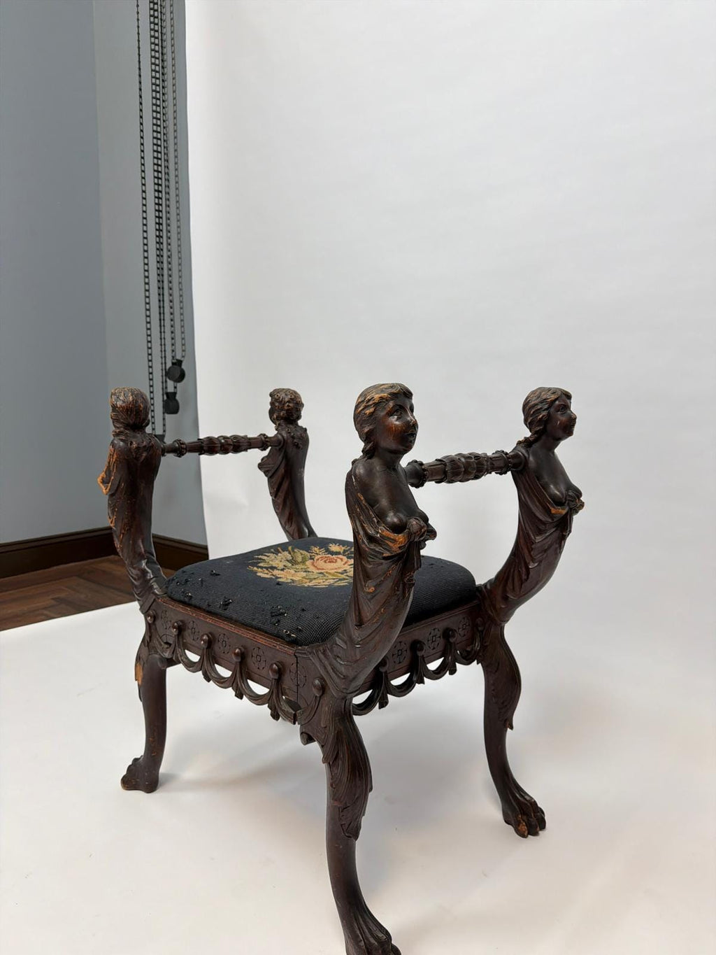 Antique Figural Carved Wood Bench Neo Classical Cherub Style Upholstered Seat Victorian Era Decorative Bench Tapestry