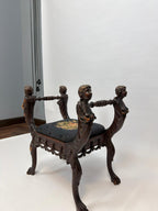 Antique Figural Carved Wood Bench Neo Classical Cherub Style Upholstered Seat Victorian Era Decorative Bench Tapestry