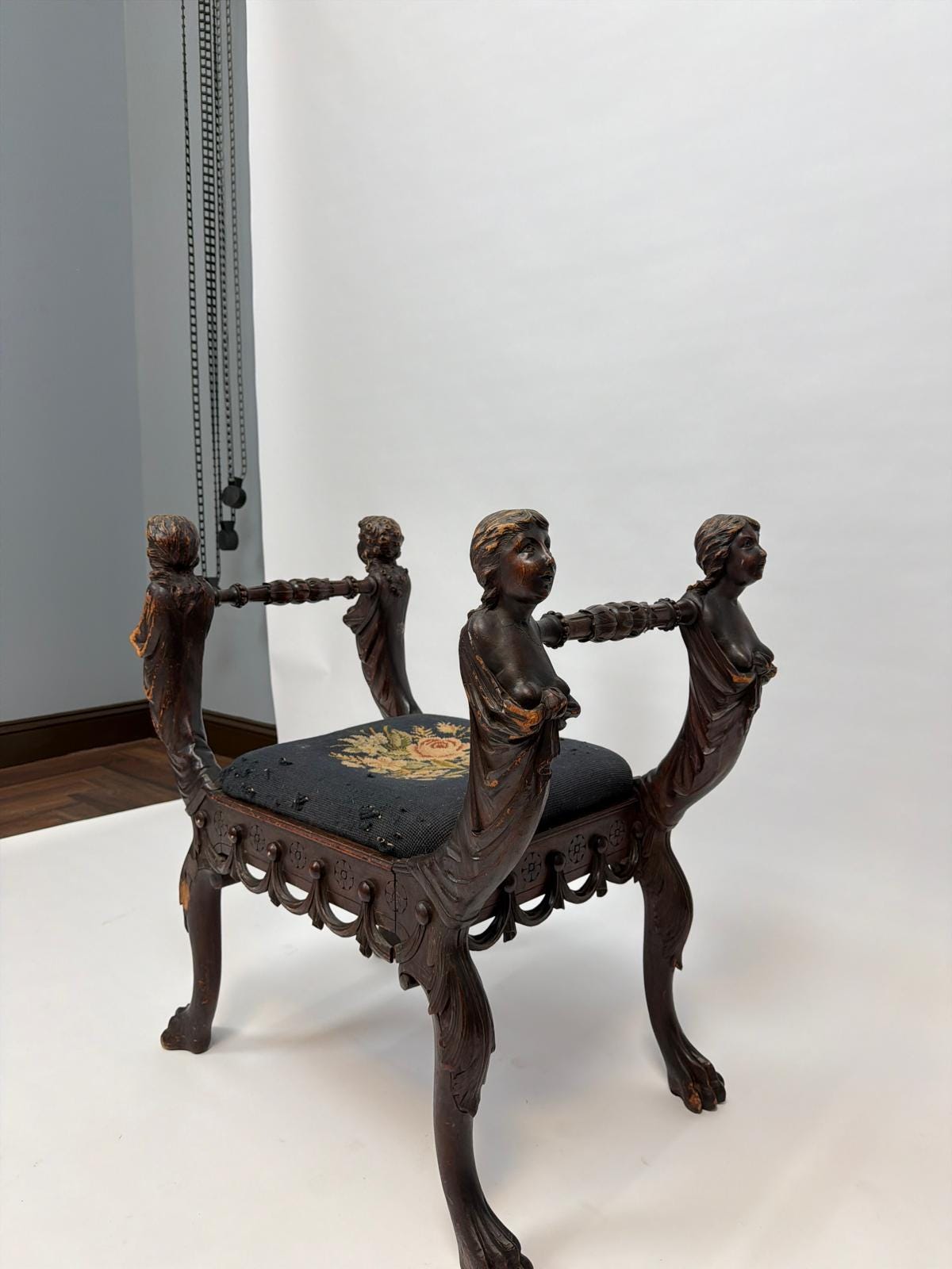 Antique Figural Carved Wood Bench Neo Classical Cherub Style Upholstered Seat Victorian Era Decorative Bench Tapestry