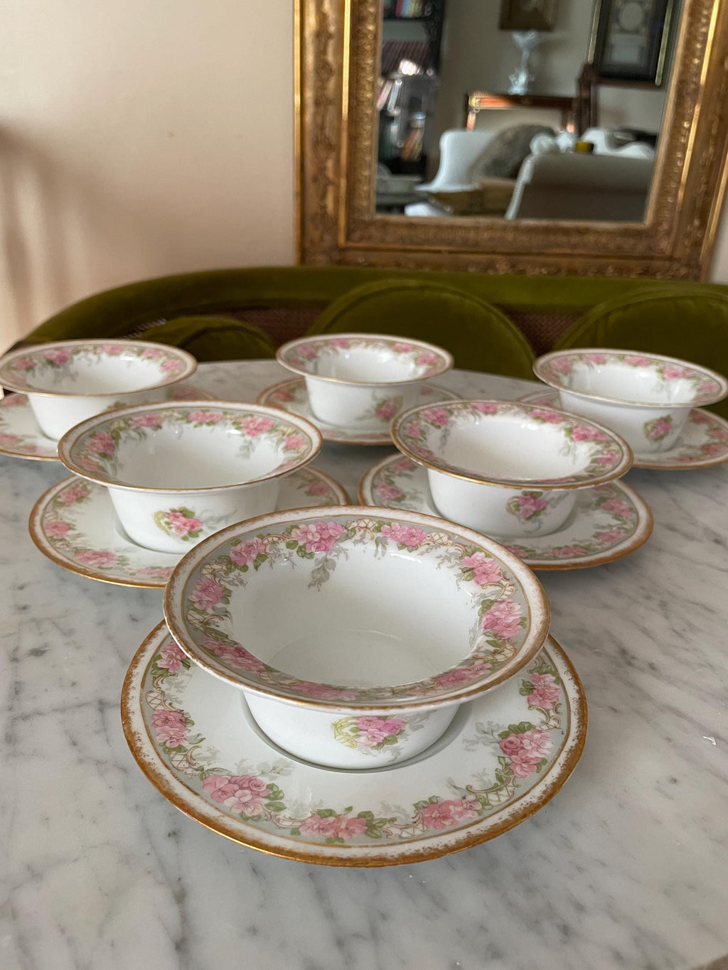 Jean Pouyat Limoges Pink Roses Gold Ramekin & Saucers Set of 6 Vintage Floral Porcelain Soup Bowls Set Gold Rimmed Elegant Dishware