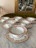 Jean Pouyat Limoges Pink Roses Gold Ramekin & Saucers Set of 6 Vintage Floral Porcelain Soup Bowls Set Gold Rimmed Elegant Dishware
