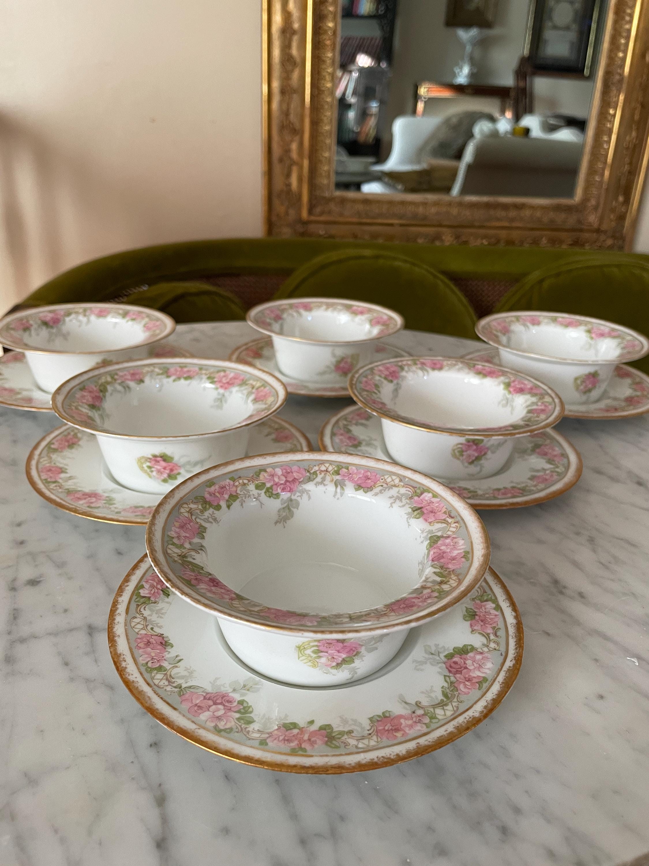 Jean Pouyat Limoges Pink Roses Gold Ramekin & Saucers Set of 6 Vintage Floral Porcelain Soup Bowls Set Gold Rimmed Elegant Dishware