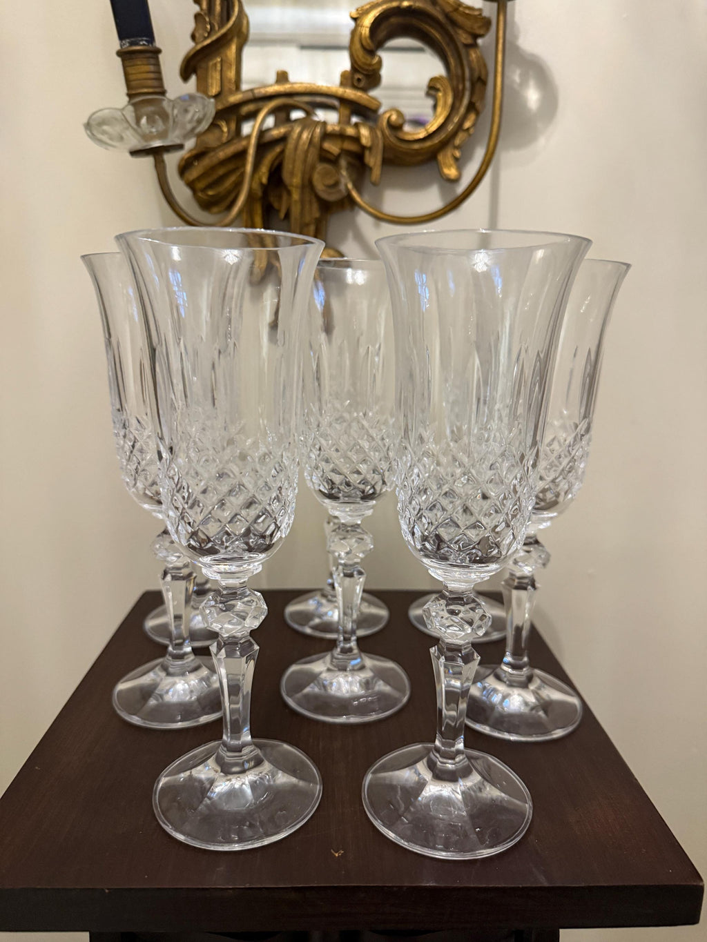 Vintage Cut Crystal Wine Glasses Set of 7 Faceted Stemware with Flared Rims  Elegant European Style Clear Glass Goblets Glassware Set