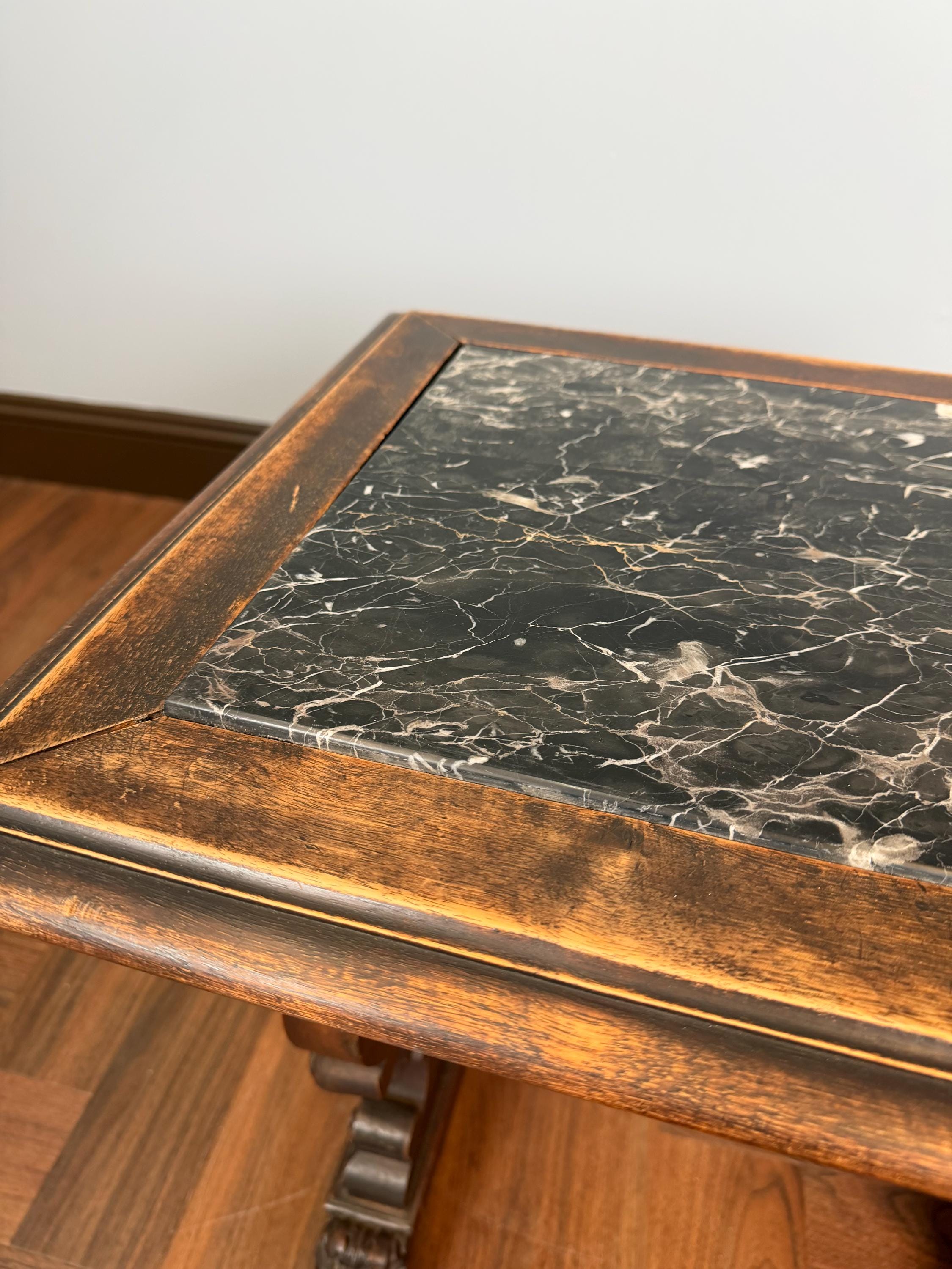 Antique Carved Wood Pedestal Table, Black Marble Top, Victorian Accent Piece