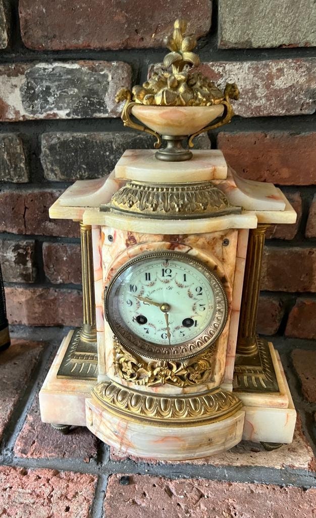 19th Century Alabaster Brass Mantel Clock Set Decorative Antique French Candelabra Pair Elegant Gilded Classical Style Home Display Decor