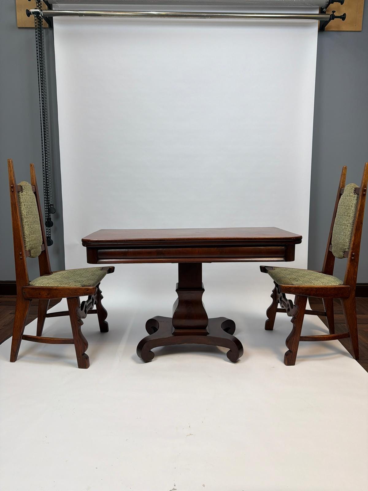 Set of 4 Antique Oak Gothic Revival Dining Chairs: Jacobean Style, French Provincial